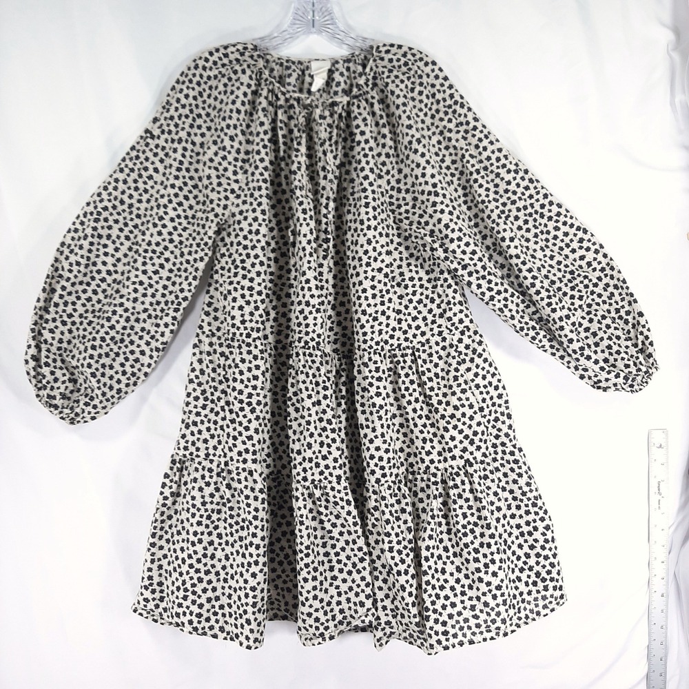 H&M Black Floral Tiered Cotton Baby Doll Tiered Tie Long Sleeve Cream Oversized